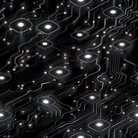 Glowing circuit board pattern with illuminated nodes and connecting pathways on dark background, creating futuristic technology network visualization.