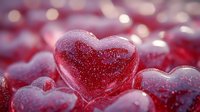 Red glittery heart-shaped candy with sparkling sugar coating surrounded by blurred similar candies, suitable for Valentine's Day, love, romance, and festive designs.