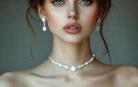 Young woman with blue eyes wearing pearl necklace and diamond earrings against teal background, showcasing elegant jewelry for bridal or formal occasions.