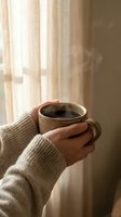 Hands in a cozy beige knit sweater holding a steaming ceramic mug by a sunlit curtained window, evoking warmth and calm morning mood.