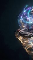 Young woman levitating in lotus pose surrounded by glowing energy swirls and cosmic light trails on dark background, spiritual meditation concept.