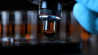 Microscope lens in dark laboratory setting with amber liquid samples visible in background, blue gloved hand partially visible, dramatic lighting creates scientific mood.