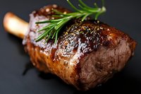 Juicy grilled lamb chop with fresh rosemary sprig on dark background, glazed with honey marinade, close up view showing caramelized crust and tender meat.