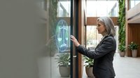 Mature businesswoman interacting with futuristic holographic interface technology in modern office environment for digital innovation concepts.
