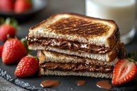 Grilled sandwich with chocolate hazelnut spread on toasted bread served with fresh strawberries and milk for breakfast or snack time.