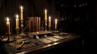 Vintage scholar's desk with burning candles, antique books, quill pen and inkwell creating atmospheric study scene for historical research projects.