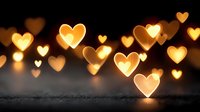 Warm golden heart-shaped bokeh lights creating romantic atmosphere on dark textured surface for Valentine's Day celebrations and love concepts.