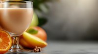 Creamy smoothie in elegant glass with fresh fruits and cinnamon on dark background. Natural healthy breakfast drink with orange and apple.