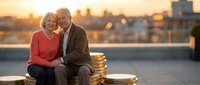 Happy senior couple sitting on golden coins stack at sunset representing retirement savings and financial security planning for elderly lifestyle.