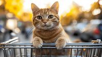 Ginger cat resting paws on shopping cart handle against blurred autumn background with golden bokeh lights, looking directly at camera with bright eyes.