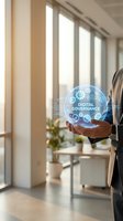 Businessman holding holographic digital governance sphere with glowing icons in modern office environment showcasing future technology and corporate innovation.