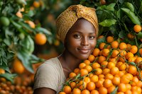 Young African woman in traditional headwrap smiling among citrus trees with ripe oranges, natural sunlight illuminates fresh fruit and green foliage in orchard setting.
