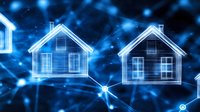 Glowing digital houses connected by network lines on dark blue background, representing smart home technology and real estate innovation.