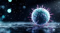 Microscopic virus particle with pink spikes floating in dark space with blue light particles and bokeh effects for medical education and research concepts.