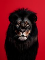 Majestic male lion with dark mane portrait on vibrant red background for wildlife photography, animal themed designs and nature conservation campaigns.
