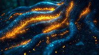Glowing orange lava streams flow through dark volcanic rock formations creating dramatic contrast of hot and cold colors in abstract natural pattern.