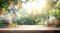 Rustic wooden table with blurred garden background, sunlight bokeh, and decorative glass jars. Natural setting for product display or food photography.
