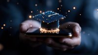Glowing graduation cap hologram floating above smartphone in dark hands with sparkle effects and bokeh lights, symbolizing digital education achievement.