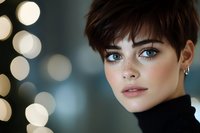 Young woman with short dark pixie haircut and striking blue eyes wearing black turtleneck sweater against soft bokeh lights background, beauty portrait with natural makeup.