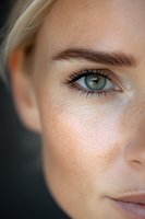 Close-up of a young Caucasian woman's face showing natural freckles, long eyelashes, and bright blue-green eye with flawless skin texture and soft lighting.