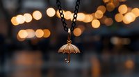 Delicate copper umbrella pendant necklace on black chain against blurred warm bokeh lights background creates magical atmospheric jewelry composition.