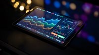 Digital tablet displaying colorful financial charts and graphs for trading analysis and market data visualization in modern business environment.