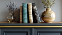 Vintage hardcover books arranged on wooden shelf with glass vase of lavender and ceramic pot with olive branch, against gray wall. Classic home library decor.