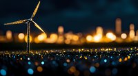 Wind turbine silhouette against blurred city lights at dusk creates magical bokeh effect, representing sustainable energy and urban development in modern metropolis.