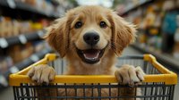 Happy golden retriever puppy with paws on shopping cart handle smiling at camera in pet store. Playful expression and soft fur create heartwarming moment for animal care marketing.