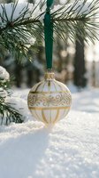 Cream and gold ornament hanging from green ribbon on evergreen branch with snow background, perfect for holiday and seasonal decorating projects.