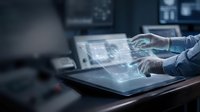 Businessman using futuristic holographic interface technology on tablet device in modern office environment for digital innovation and data analysis.