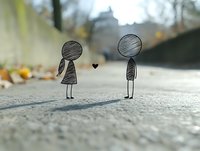 Two drawn figures stand facing each other on pavement with a small heart between them, symbolizing love and connection. Blurred urban background with autumn foliage.