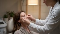 Professional dermatologist examining female patient face during cosmetic consultation in modern medical clinic for skincare treatment and beauty procedures.