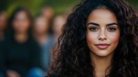Young woman with natural curly dark hair and radiant smile looking at camera, soft bokeh background creates dreamy atmosphere. Professional portrait photography.
