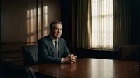 Confident middle-aged Caucasian businessman in suit sitting at boardroom table, hands clasped, dramatic window light, corporate office setting.