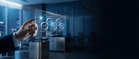 Businessman hand touching futuristic holographic interface with digital icons in modern office environment for technology and innovation concepts.