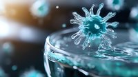 Microscopic virus cell in turquoise blue color floating above water surface with droplet splash effect. Scientific molecular structure visualization in macro photography.
