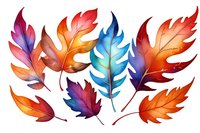 Vibrant autumn leaves in watercolor style featuring red, orange, blue and purple hues on white background, isolated elements ready for creative design projects.