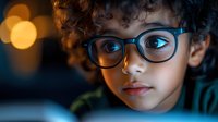 Young mixed race boy with curly hair and glasses in moody evening lighting with bokeh effect, close up portrait showing contemplative expression.