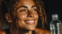 Young mixed-race woman with curly hair smiling joyfully in warm golden light, expressing happiness and positive emotions for lifestyle and wellness content.