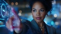 Young African American businesswoman interacting with futuristic holographic interface display, wearing professional attire against blurred blue technology background.
