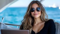 Young woman in sunglasses working remotely on laptop while relaxing on luxury yacht deck with blue ocean background, enjoying digital nomad lifestyle.