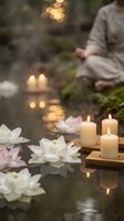 Peaceful meditation scene with floating lotus flowers and glowing candles on water surface creating serene spa atmosphere for wellness and mindfulness practices.