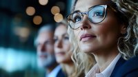 Professional businesswoman with blonde curly hair and glasses looking up confidently, with blurred colleagues in background. Corporate leadership concept.