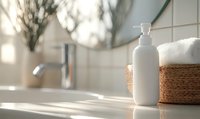 White minimalist bathroom setting with soap dispenser and woven basket in morning sunlight, creating soft shadows and peaceful spa-like atmosphere.