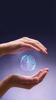Protective hands surrounding glowing brain with circuit patterns symbolizing mental health care, artificial intelligence and cognitive protection.