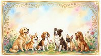 Adorable group of diverse dog breeds sitting together in ornate floral frame with pastel watercolor background for pet lover designs and greeting cards.