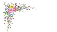 Watercolor floral corner border with roses, lavender and wildflowers on white background, isolated design element for invitations and decorations.