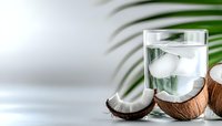 Glass of pure water with ice cubes, fresh coconut pieces and palm leaves on light background. Refreshing summer drink concept with copy space.