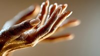 Golden hands reaching upward with water droplets on skin surface, symbolizing hope, spirituality, and human connection in wellness and meditation practices.